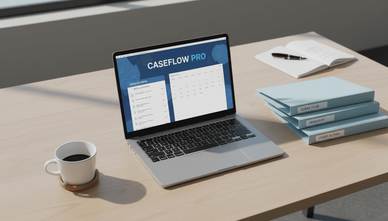 Law office desk with laptop and organized medical records in professional workspace