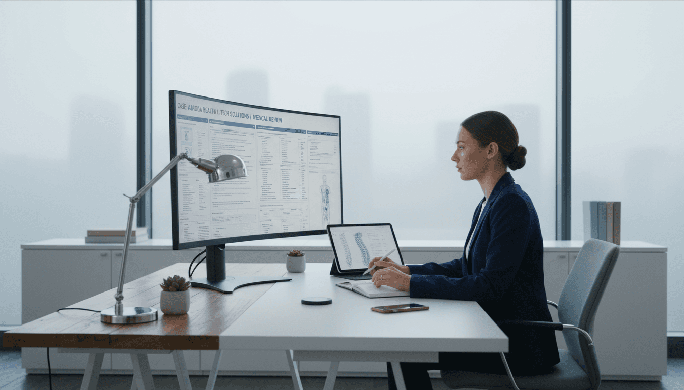 Personal injury attorney reviewing AI-powered medical record chronologies on desktop computer in modern law office