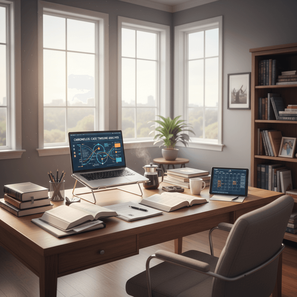 Personal injury lawyer conducting case analysis with organized legal workspace