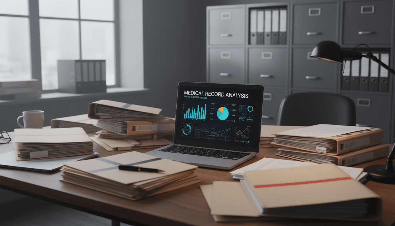 AI-powered medical record analysis dashboard on laptop in law office setting